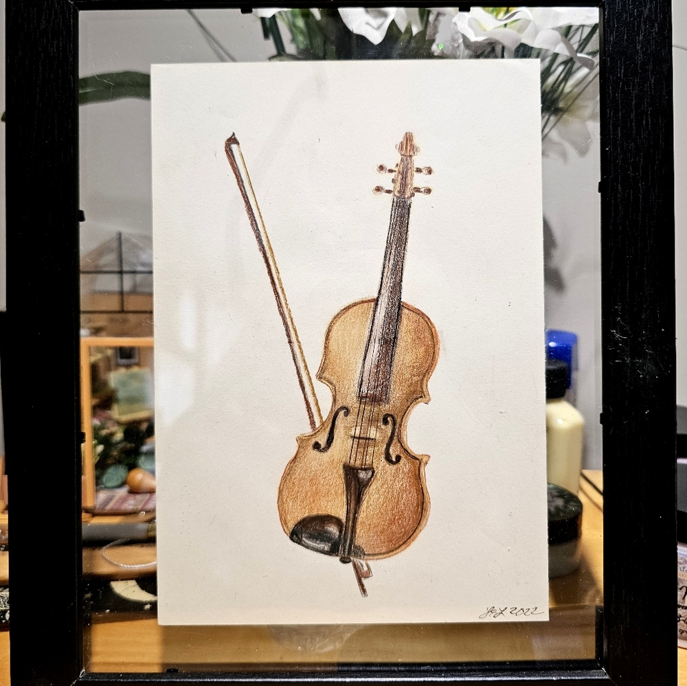 Framed Colored Pencil Fiddle Drawing